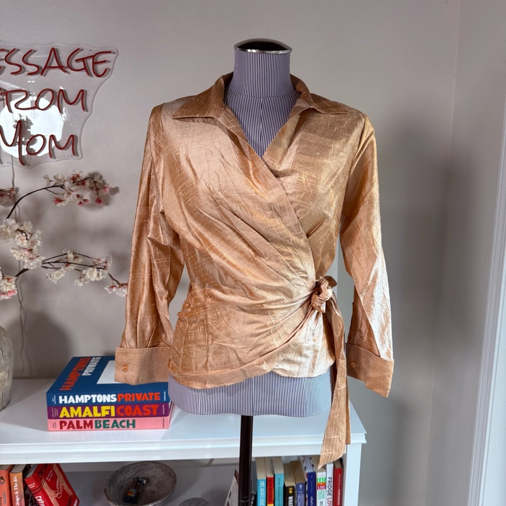 Lafayette 148 New York Gold Silk Wrap Blouse – Size 8